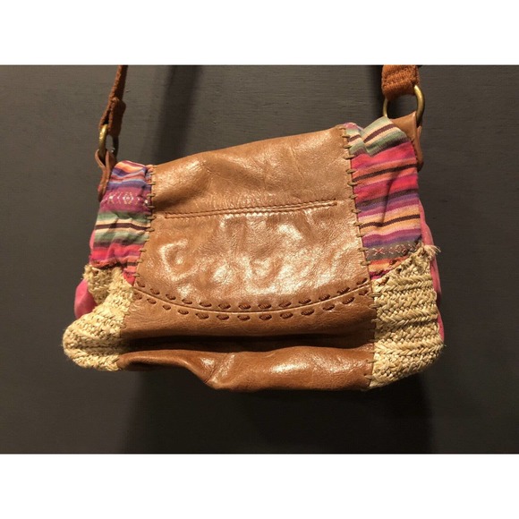 The Sak Deena Brown Leather Boho Patchwork Crossbody Flap Handbag Purse 9x10x3 - Picture 2 of 6